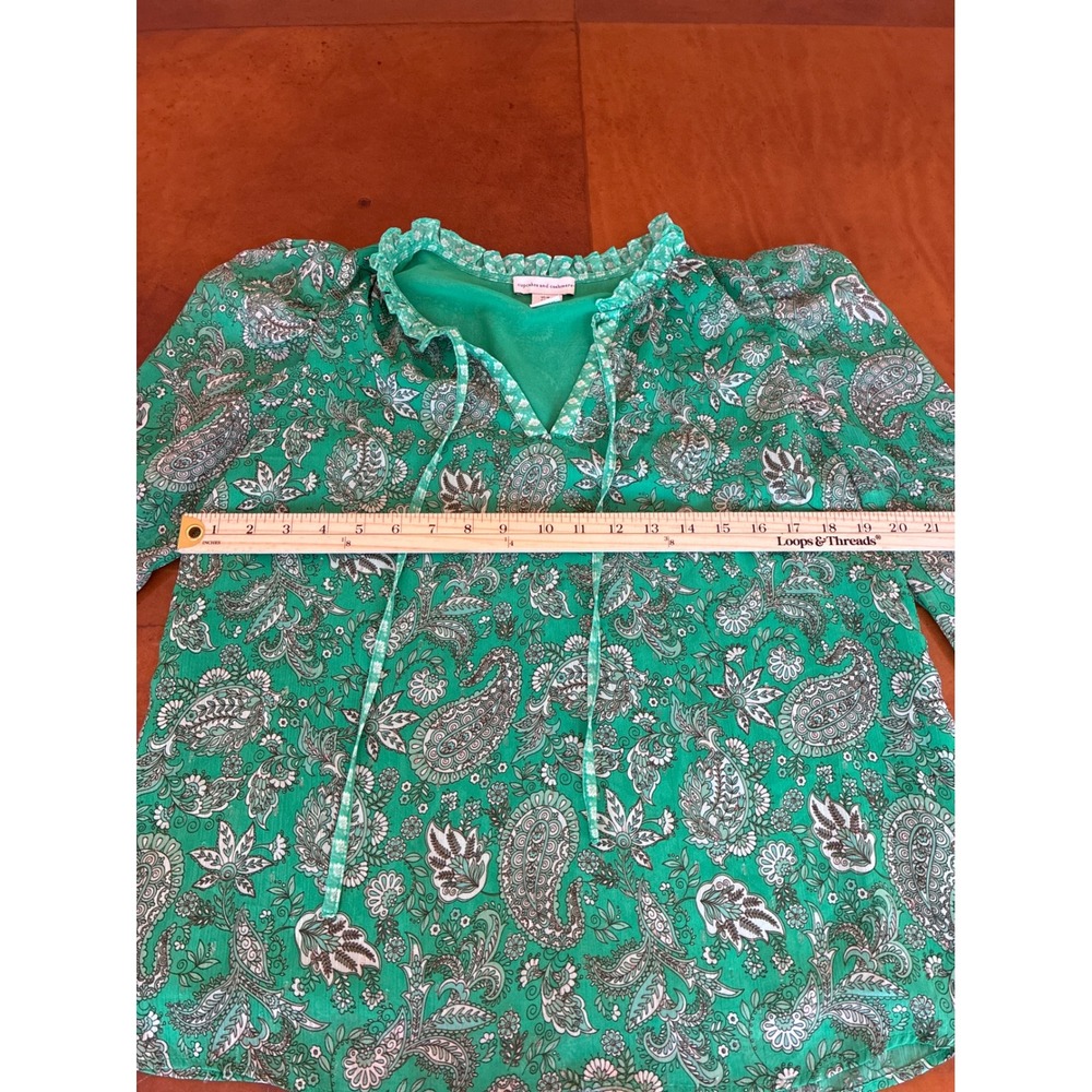 Cupcakes & Cashmere Floral Puff Sleeve Blouse Green Paisley Print Size Medium - Picture 6 of 6